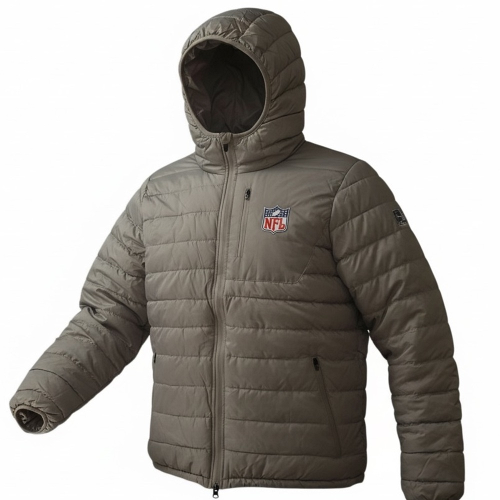 NFL Team Apparel Puffer Jacket Gray Hooded Quilted Full Zip lightweight Coat Lg